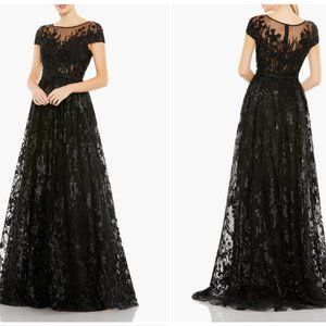 MAC DUGGAL EMBELLISHED FLORAL CAP SLEEVE A-LINE BLACK GOWN sz 16